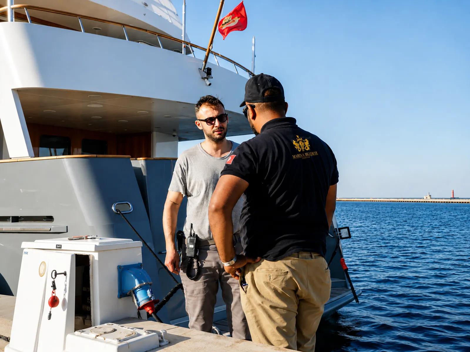 Une équipe de Marina Bizerte assistant un plaisancier à quai lors d'une manœuvre d'amarrage